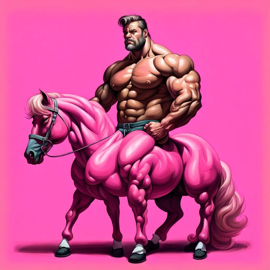 a big muscle man sitting on a pink horse.like 19th painting