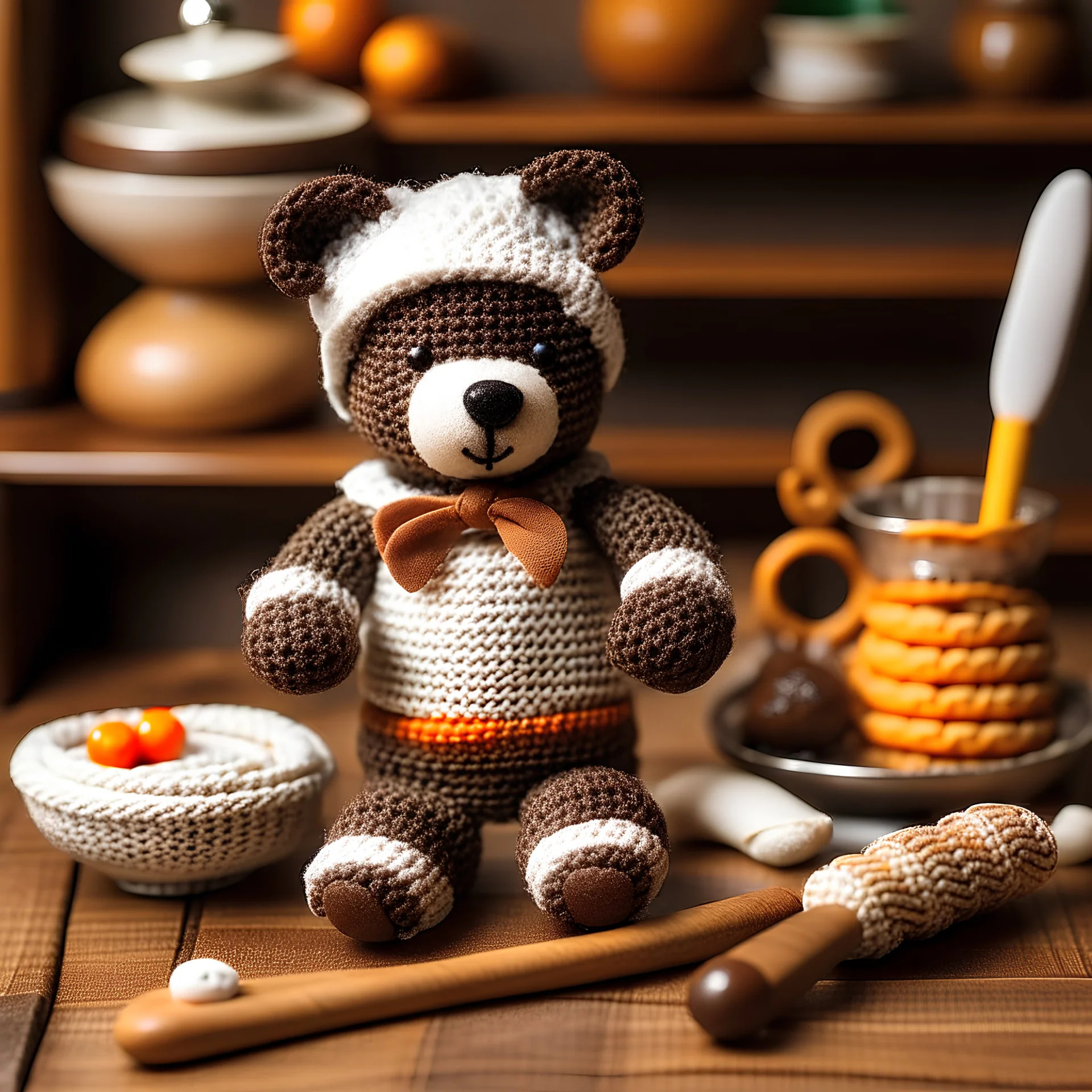 A crocheted toy chef resembling a friendly bear, dressed in a chef's uniform with a crochet rolling pin in hand, standing next to a tiny crocheted oven and a table set with tiny crocheted food items, evoking a sense of culinary delight
