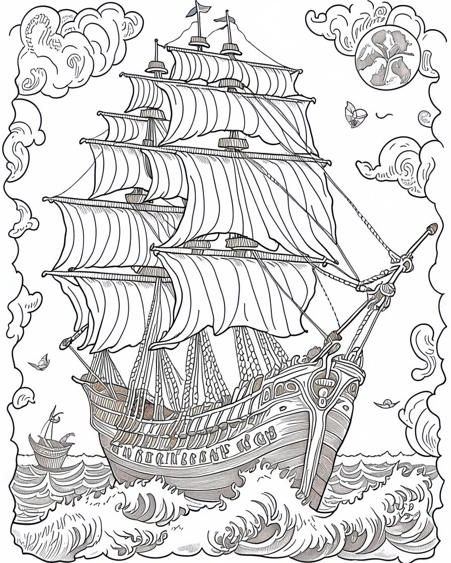 Create an exhilarating coloring page inspired by the Pirates of the Caribbean movie, featuring a majestic pirate ship sailing through rough seas. Challenge young artists to add their creative touch to billowing sails, the iconic Jolly Roger flag, and crashing waves. This black-and-white coloring adventure invites kids to embark on an exciting journey as they bring this thrilling pirate ship scene to life on paper.