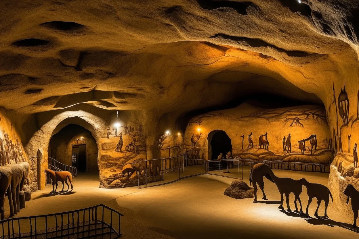 A brownish bronze underground mining village designed in Lascaux cave paintings painted by Diego Rivera