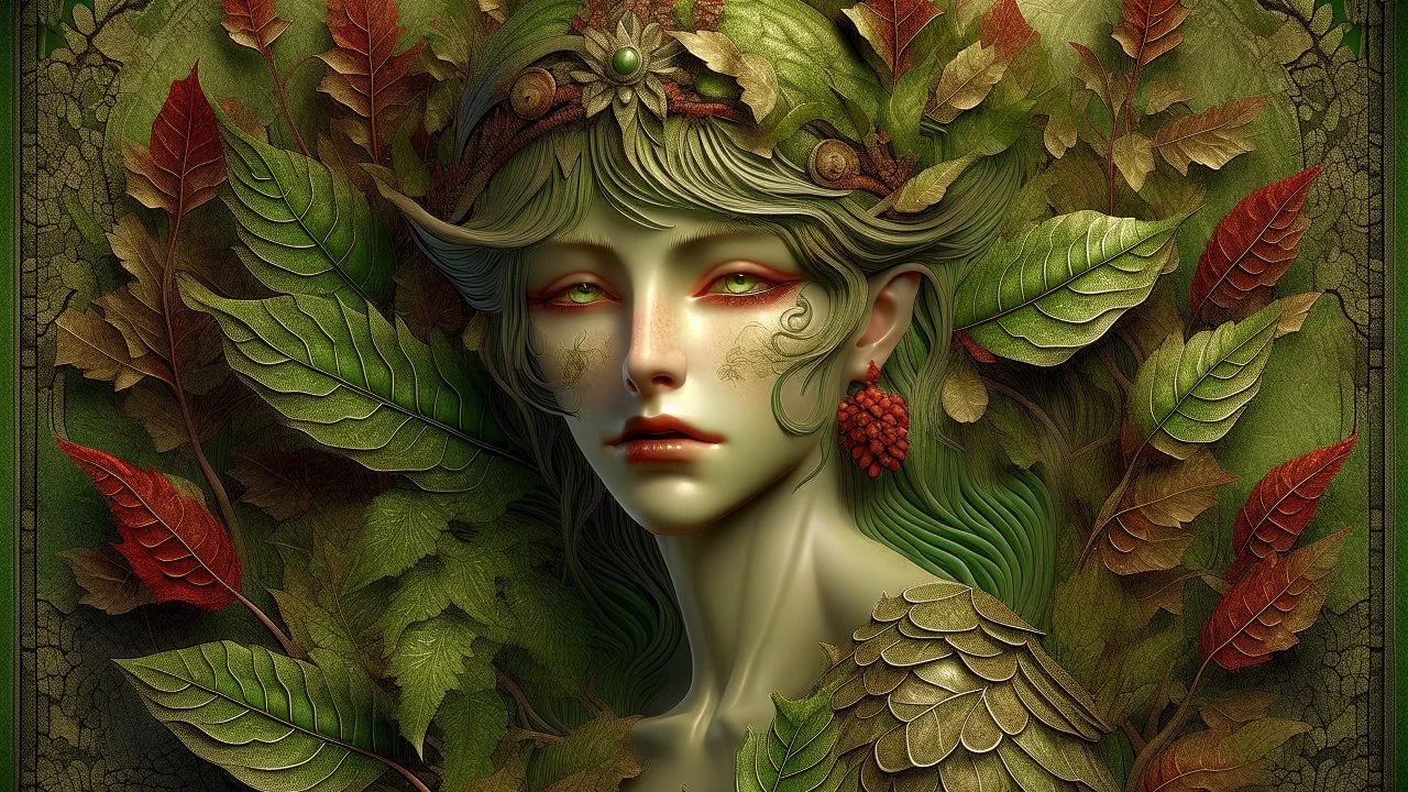 beautiful Forest fairy lady portrait, adorned with textured leaves and botanical floral palimpsest art nouveau floral ribbed and berry ribbed armour in the embossed woods background , wearing forest floral and leaves fairy art nouveau mineral stone headdress, organic bio spinal ribbed detail of full art nouveau floral backgreong extremely detailed hyperrealistic concept art