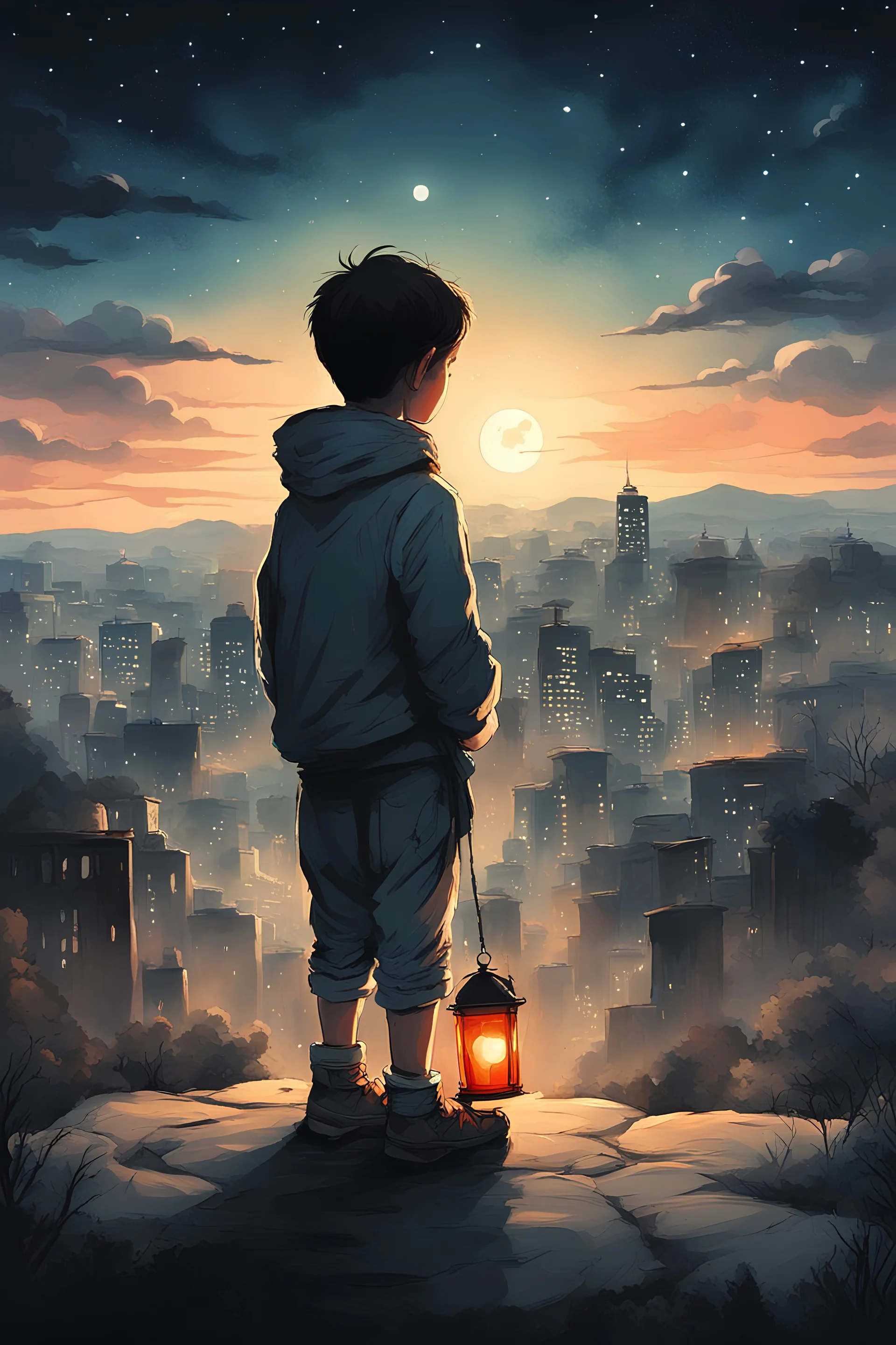 in A4 portrait, make the background color be dim with cool lighting, have a kid in a bottom center of the however make the kid only a small part of the image, make the kid hold a lantern or a torch in his hand. the kid is facing towards a landscape or city with a night sky and we can't see his face make this in the style of a painting,