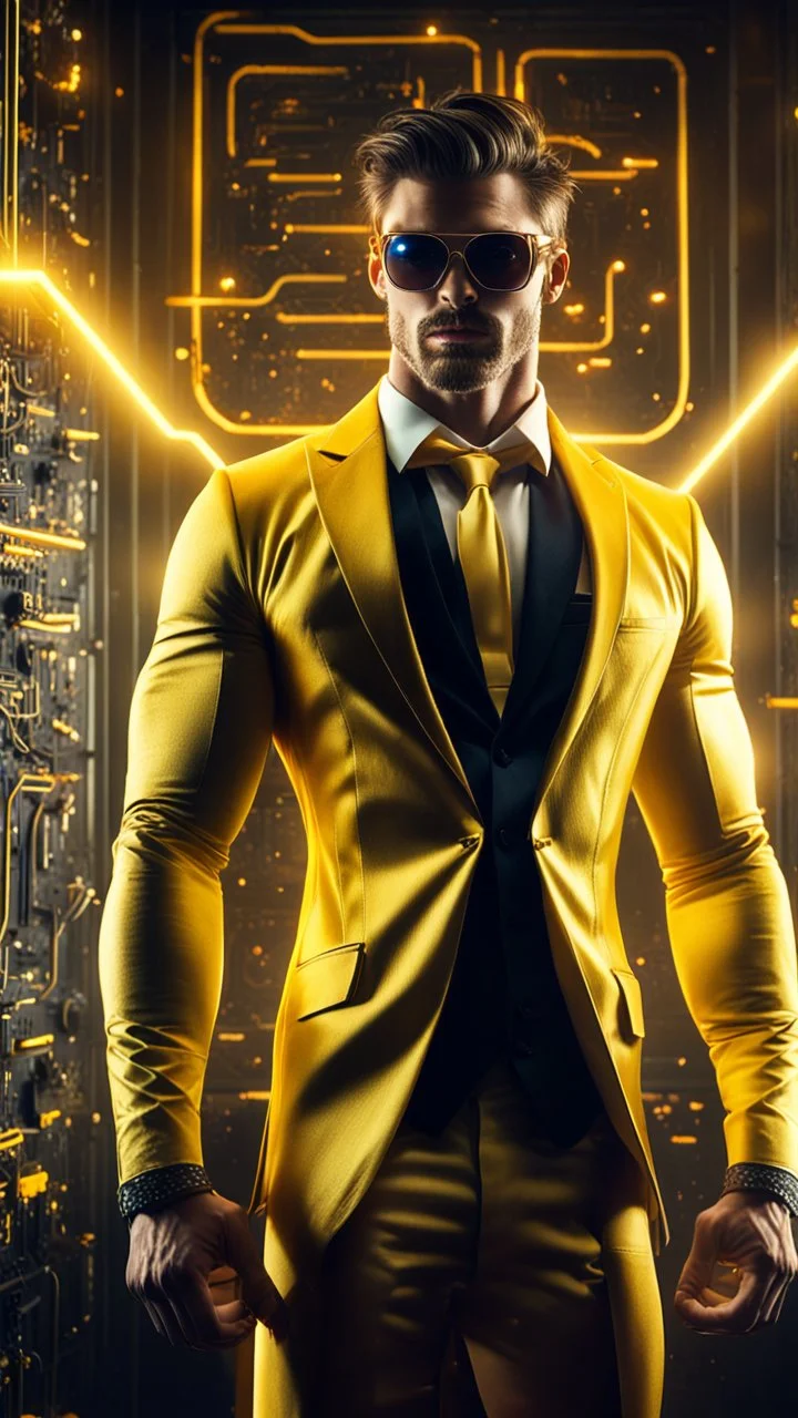 Hyper Realistic handsome muscular Electric-Superhero wearing long-fancy-yellow-tuxedo & fancy-sunglasses in a dark-rustic-circuit-room with electric-sparks-&-rays & a massive circuit-board-wall showing dramatic & cinematic ambiance.