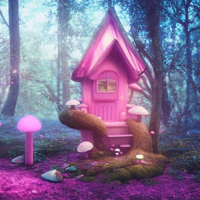 a cute pink and blue fairy house in the forest, spring time, mushrooms, 8k, flickering light, centered, high-quality, fine-detail, digital art, detailed matte, volumetric lighting, illustration, 3D octane render