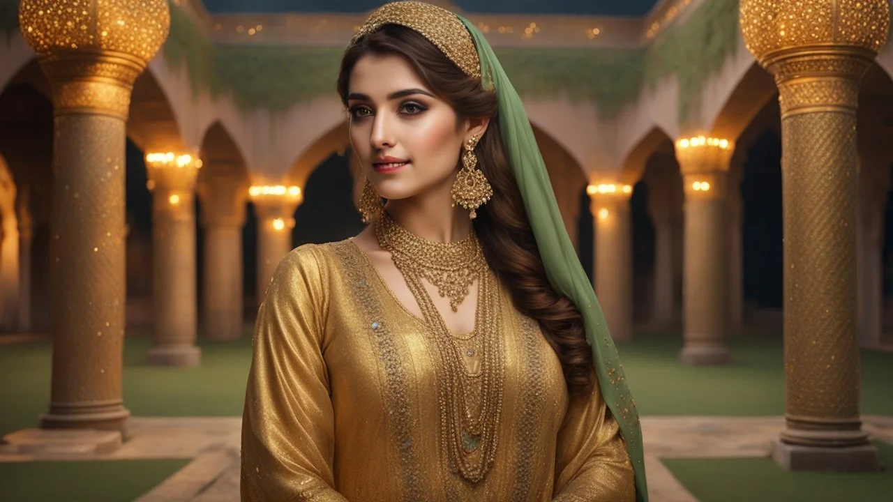 Hyper Realistic Beautiful Young Pashto Woman Wearing A Golden Silk Frock With Detailed Golden Embroidery & Beads Work On It Happily Swirling Inside The Beautiful Courtyard Of A Traditional Mughal Fort Decorated With Lots Of Garland Lights And The Pillars Are Too Decorated With GArland Lights At Dark Beautiful Night With Cloudy Full Moon On A Green Grass Showing Dramatic And Cinematic Ambiance.