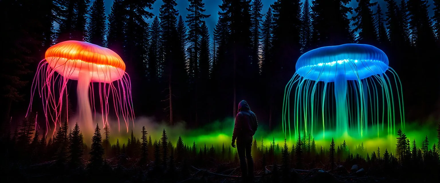 Bigfoot epidemiologist investigating, giant bio luminous Rainbow floating high JellyFish, Medium closeup, light floating in a forest, mist, light trails, nighttime, long exposure, Treeline, Alberta, scientist, Dystopian, Hyper detailed, Realistic, Extreme depth of field, bokeh blur, Alberta all-natural, National Geographic, in the style of candid, imperfection, natural lighting, cinematic, Fuji Film, Anamorphic lens, 2040s, --ar 4:5 --w 150 --style ra