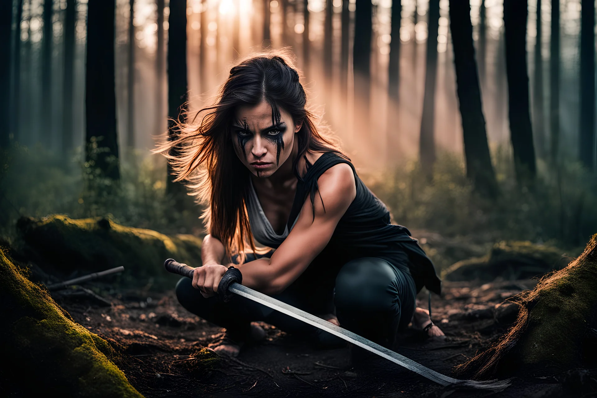 Warrior girl with black tears down her face, gritty, crouching down low at edge of thick forest at dawn, ready to attack, focused, determined, sword, looking off to side, photo realistic photograph