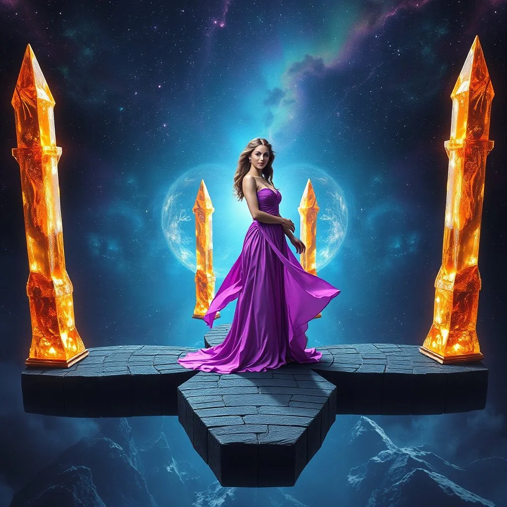A breathtaking cosmic fantasy scene featuring a stunningly realistic beautiful woman with a perfect face and sculpted figure standing gracefully at the center of a floating geometric platform in deep space. She wears an elegant flowing gown in vibrant purple and pink hues that billow around her perfect form. The platform is constructed from dark cobblestone-like blocks arranged in a cross or star shape. Surrounding her are magnificent crystalline towers and pillars in gold, amber, and electric b