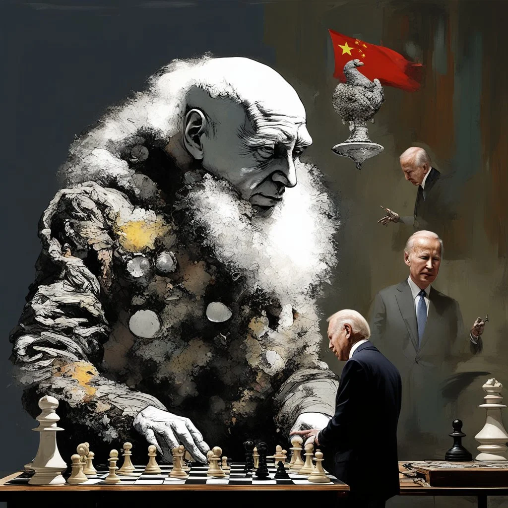 Putin, President Xi Of China And Joe Biden Play Chess With A Pigeon,Ufo And Atomic Bomb Mushroom Cloud,Complex Surgical Instruments Intermixed With A Newborn Boy,Minimalism,Painting By Adrian Ghenie,Rene Magritte,Pablo Picasso,Michelangelo,Salvador Dali,Lucian Freud