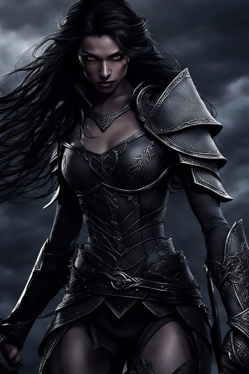 SA female elf with skin the color of storm clouds, deep grey, stands ready for battle. Her long black hair flows behind her like a shadow, while her eyes gleam with a fierce silver light. Despite the grim set of her mouth, there's a undeniable beauty in her fierce countenance. She's been in a fight, evidenced by the ragged state of her leather armor and the red cape that's seen better days, edges frayed and torn. In her hands, she grips two daggers, add dark shadow mystic purple flames