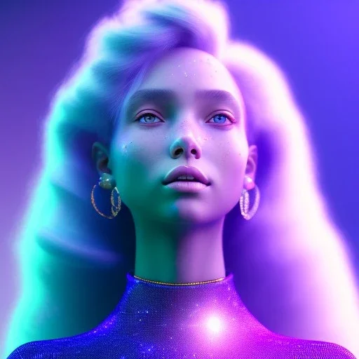 A portrait of a crystalised girl,smiling, longs hairs, galactic dress, atmospheric, realistic, cinematic lighting, octane render, purple and blue light