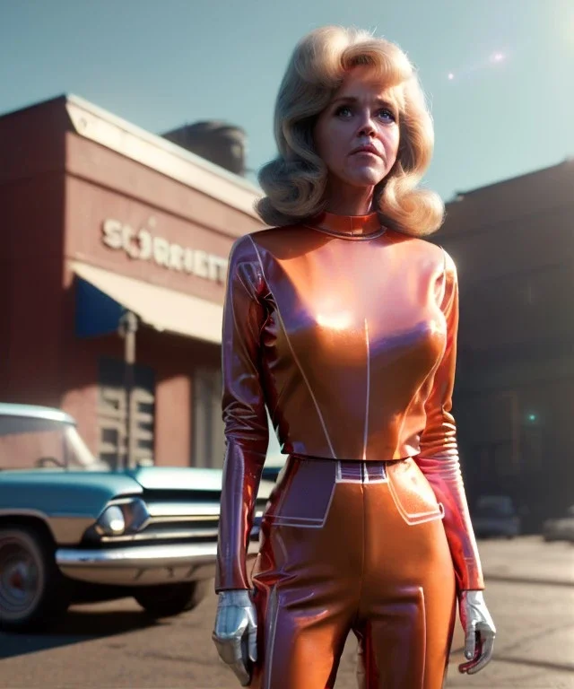 Ultra Realistic retro sci-fi movie Supermarket parking scene, 1960 year, waist up view portrait, 2 clones blonde women, sweet young Jane Fonda face, perfect iris, glow eyes, face makeup, tight latex coat, Scare people background, Retro sci-fi style, soft color, highly detailed, unreal engine 5, ray tracing, RTX, lumen lighting, ultra detail, volumetric lighting, 3d, finely drawn, high definition, high resolution.