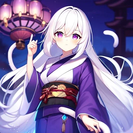 cat girl, masterpiece, best quality, volumetric lighting, detailed outfit, perfect eyes, white hair, purple eyes, long hair, tail, kimono,