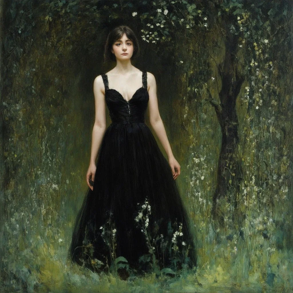 Night, one woman in black dress lost in the forest, flowers, vegetations, creepy, gloomy, lgothic dark influence, leopold von kalckreuth paintings, and william brymner paintings