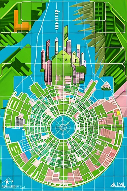 high detail map of an entire tropical dystopian small capital city