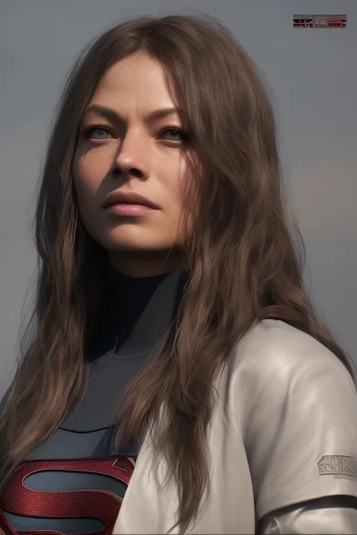 face kristin kreuk, superman clothes, realistic, unreal engine, cinematic lighting, octane render, fog, smoke, fire, particles