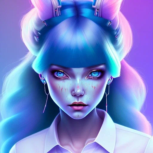 blue hair woman, purpurin, white shirt, tie, gradient color, BLUE, PINK, CYAN, neon, insanely detailed, 16k resolution, perfect eyes, cinematic smooth, intricate detail