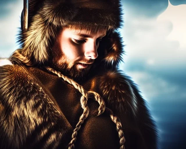 a sad and lonely viking looking up at the stars at night, hyper realistic, 8k, insane detail, atmospheric background, crying eyes, big fur coat, long braided hair, sharp focus, soft background, dynamic lighting, viking helmet, night time