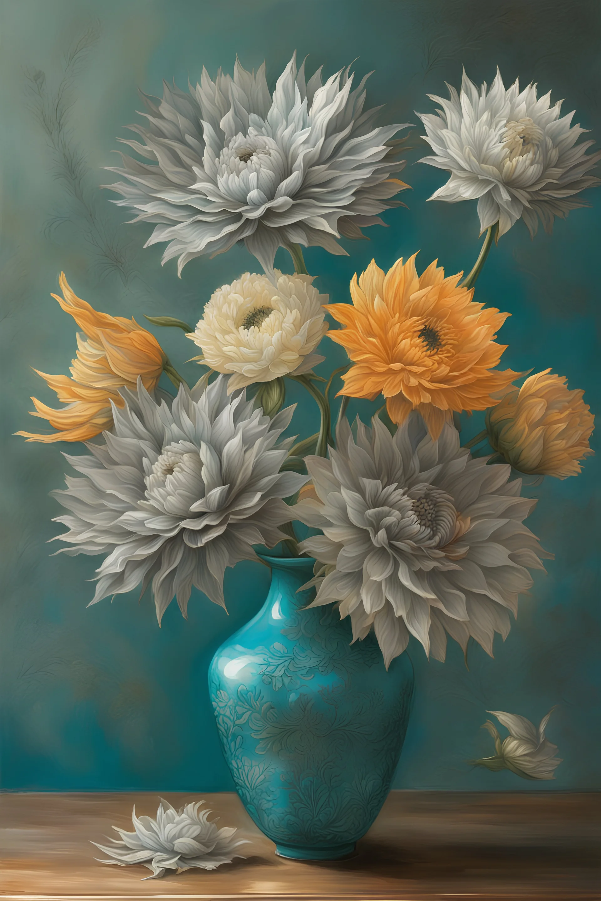 silver gray flowers in a turquoise glass vase, by Frida Kahlo: hazy beams of sunshine, and ghostly flowers, intricately detailed, elegant, rays of sunlight, hazy glow, blur vignette, in the style of James Audubon, sharp focus, intricate details, exquisite