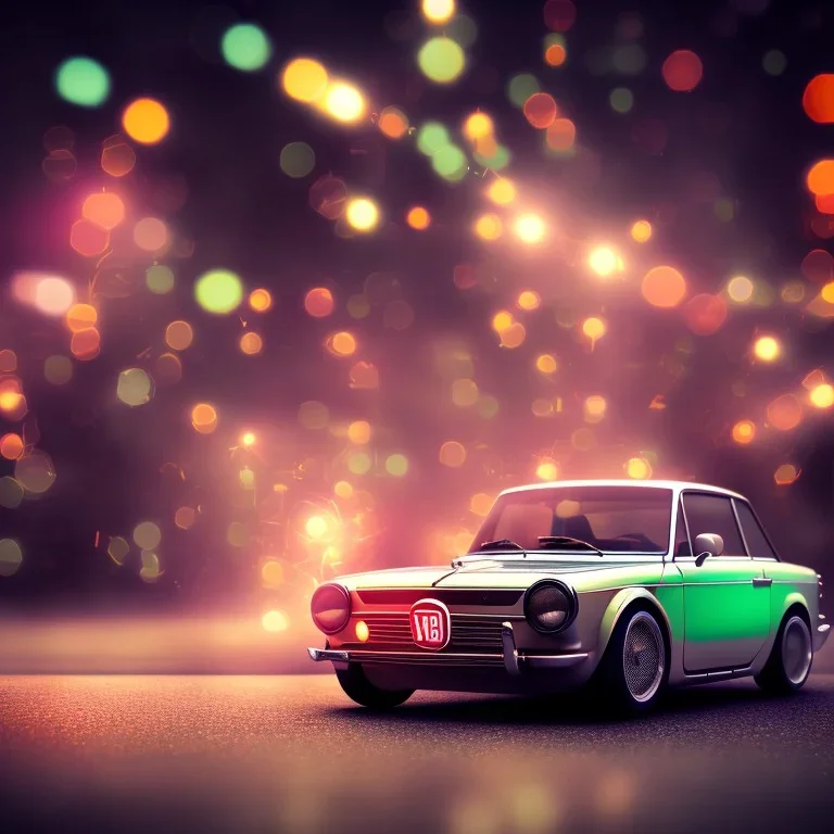 fiat 125p, city. high speed. bokeh. lens flare. warm lights. high detailed