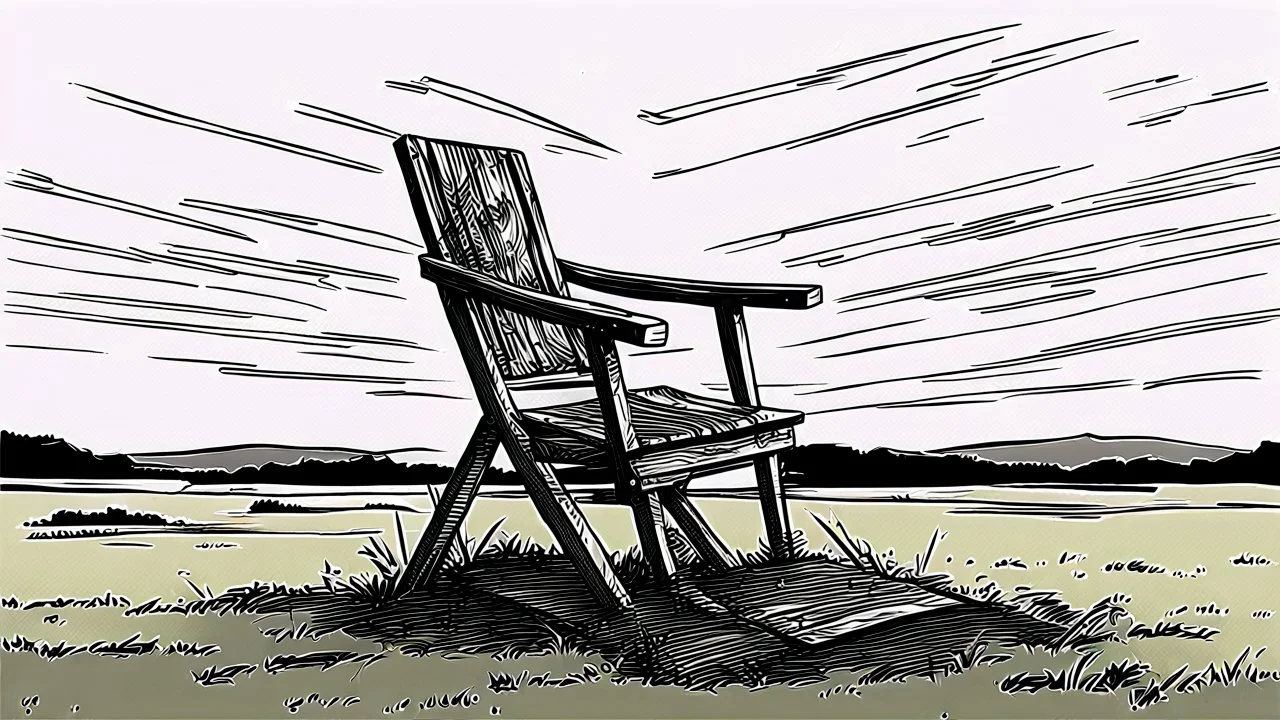 broken wooden chair, anime, monochrome, black background, ink, simple, maximum quality, broken hinge, barely functioning, centered on frame, far view, in the middle of a grassy hill, white sky with cumulonimbus