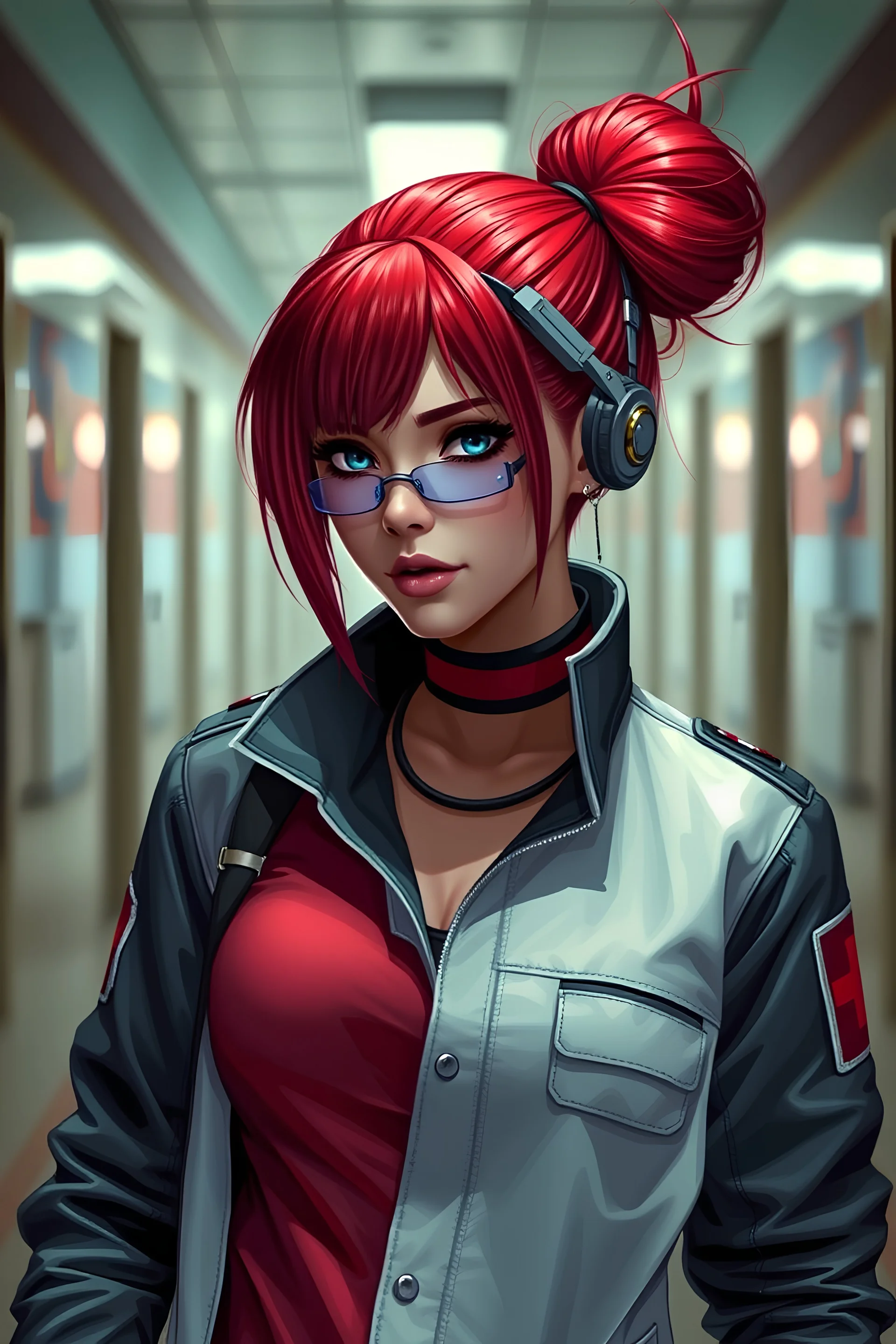 hot female cyberpunk with red hair in a bun, medic, wearing an jacket and pants, background corridor, realistic style