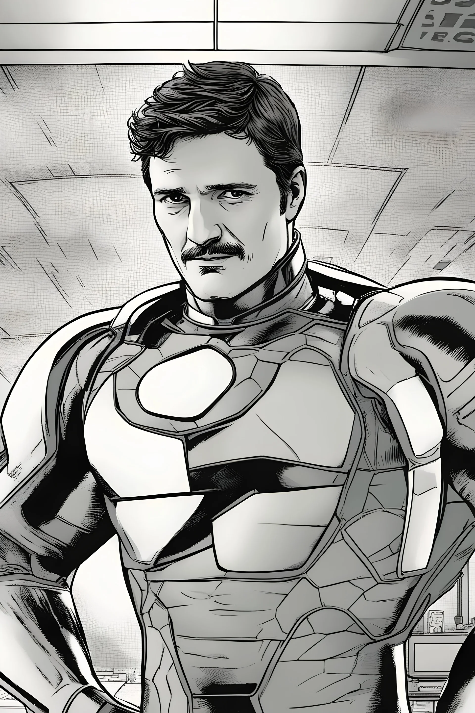 The actor Pedro Pascal with no beard characterized as the comic book character Reed Richards