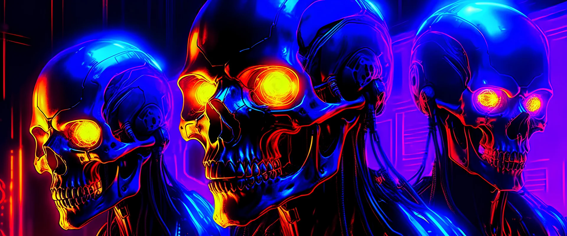 cybernetic humanoid skulls placed to act as Cerebus, the guard of the portal to hell, pristine primary colors isolated background futuristic design, futuristic, elegant atmosphere, glowing lights, highly detailed, digital painting, concept art, smooth sharp focus, illustration, art by wlop,