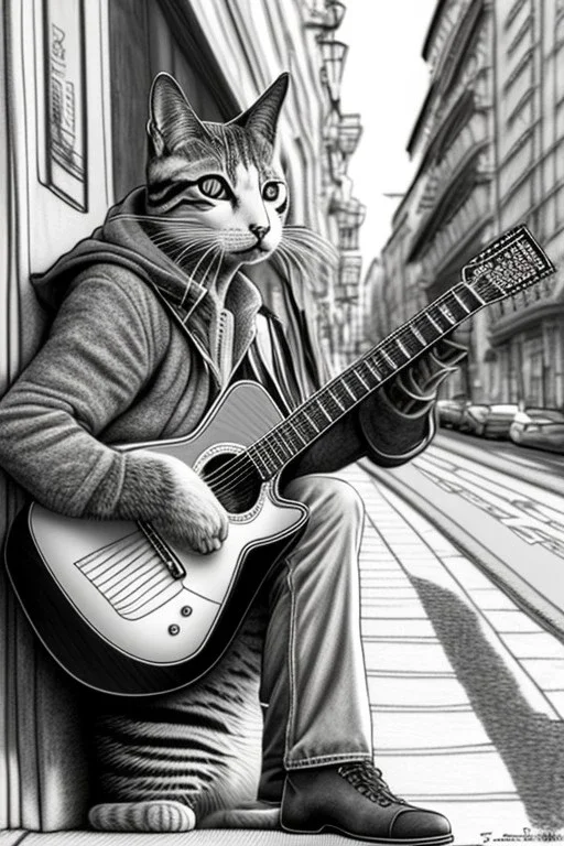 One single mature street cat, friendly, playing guitar, vienna, sunny day, perfect iris, model style, hyper realistic, extremely accurate, delicate, extremely detailed, Graphic novel style, colours, wide-angle, open aperture, superfine pencil