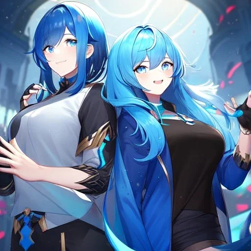 Clear focus,High resolution, Vibrant short blue hair, Vibrant blue eyes, Wearing a black short skirt,black crop top sleevelss,blue cut sleeves,black fingerless gloves, Smiling,Long bangs