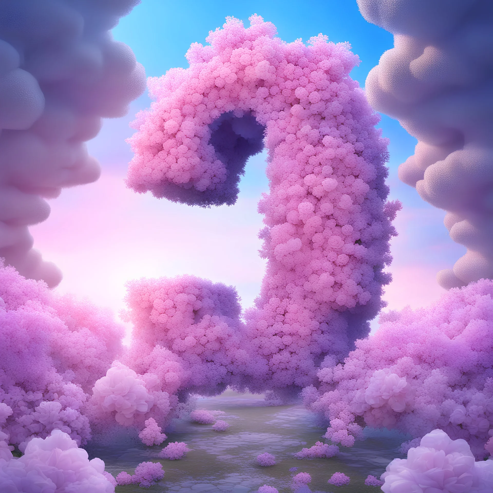 A countdown poster with the number "1", character "1", made of flowers, pink purple blue, three-dimensional, Light Blue sky and dysney background，Chinese Zen style, Surrealist photography, C4D rendering, oc rendering --s 250