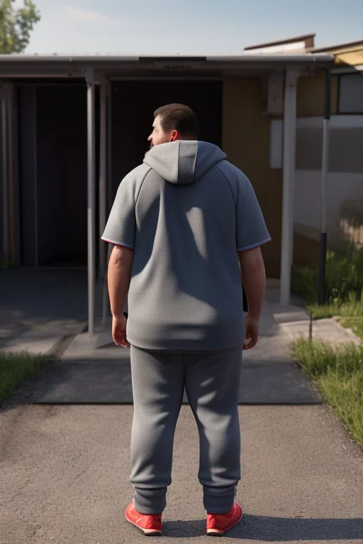 full figure shot back view of a fat guy , timid 45-year-old italian chubby in tracksuit, big buns, at bus stop photorealistic, ambient occlusion, sunlight