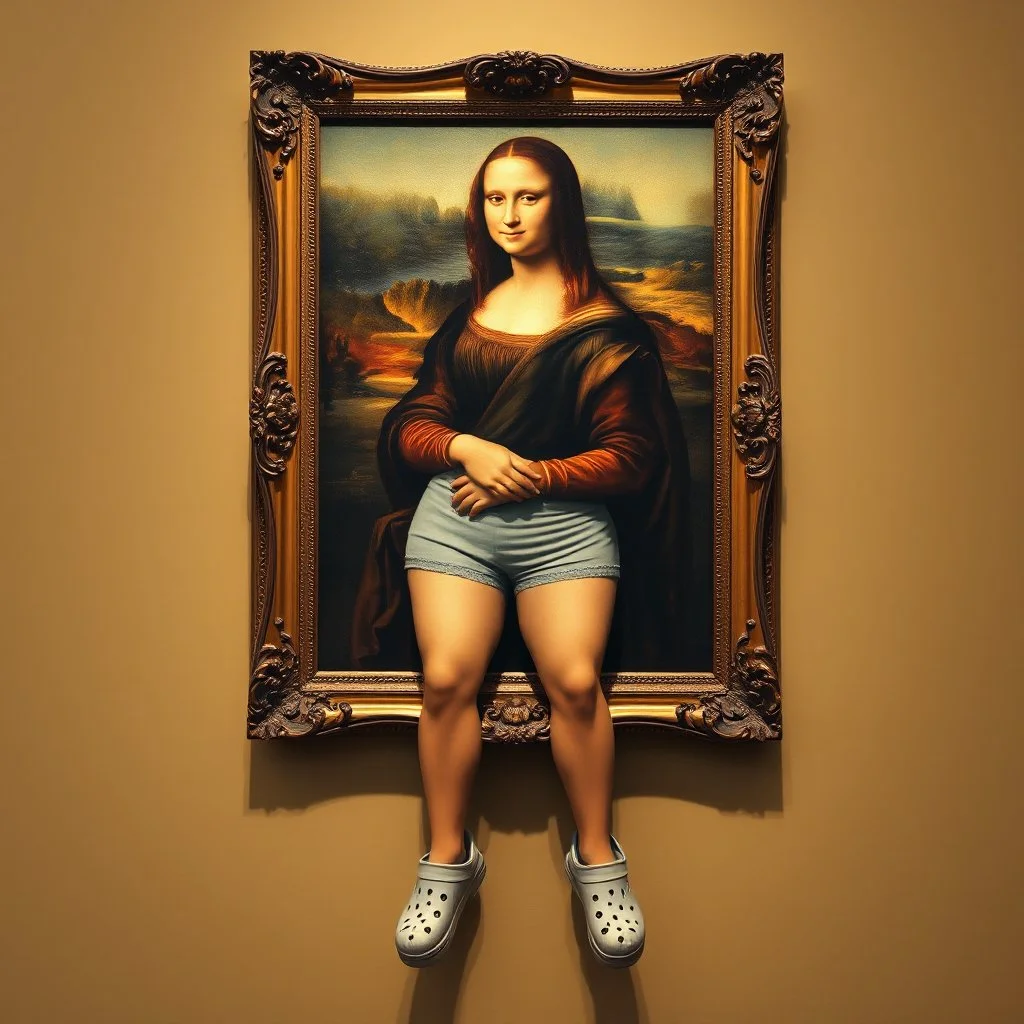 A painting of Mona Lisa on the wall, the frame with shorts and Crocs attached to her human legs