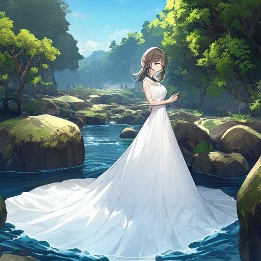 anime girl meditating pose wearing a white dress, rock trees, birds, creek