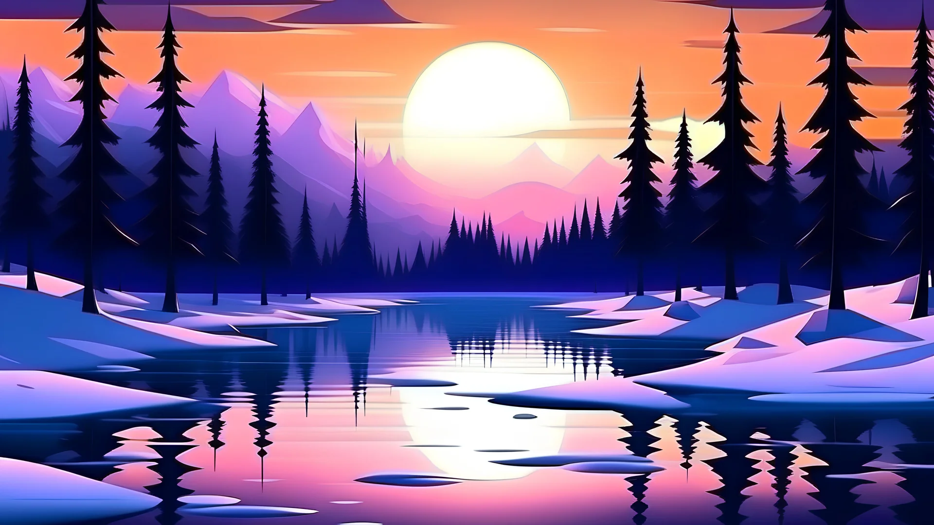 cartoon illustration: beautiful magic frozen lake with pines and purple sky