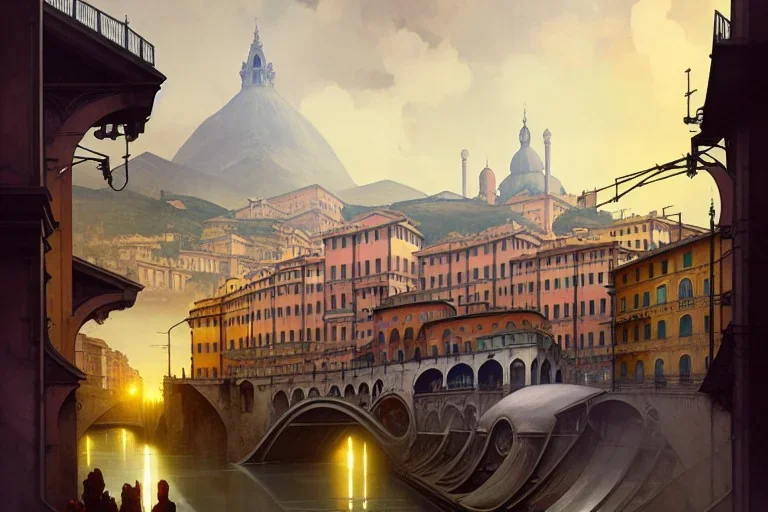 Train under bologna portici +riomaggiore+genoa street+turin+Italian medieval town+Italian city+alphonse mucha, greg rutkowski,matte painting, cryengine, hyper detailed, felix kelly, fantasy art, seb mckinnon