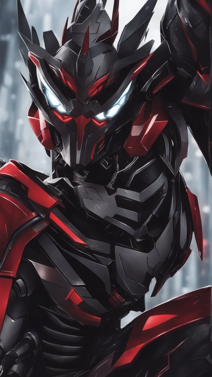 A very close picture to Mix between symbiote and machine and batman in transformers cyborg with black metal and red details armor in solo leveling shadow art style with red details detailsis in fantasy world