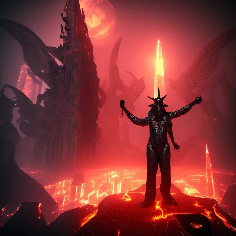 A portrait post-apocalypse of Baphomet ,in a sin city pyramid, sci-fi fantasy style, volumetric lighting, particales,highly detailed,cinamatic,8k,3D,fire and black deep colours,ignore NSFW.