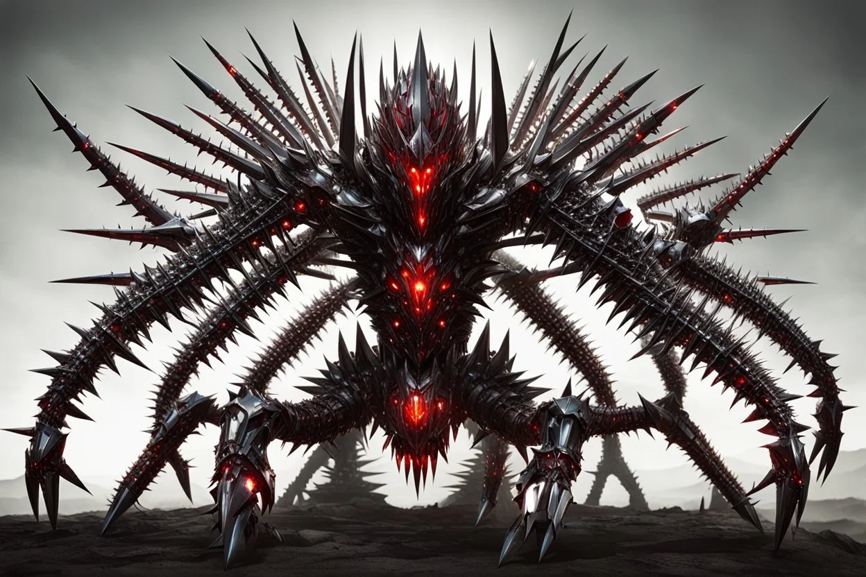 Spindly humanoid creature made entirely of chrome spikes and blades and thorns. It's eyes are glowing red gems. It has four arms.