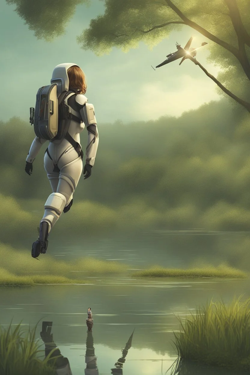 [scifi] A woman in jetpack around a pond