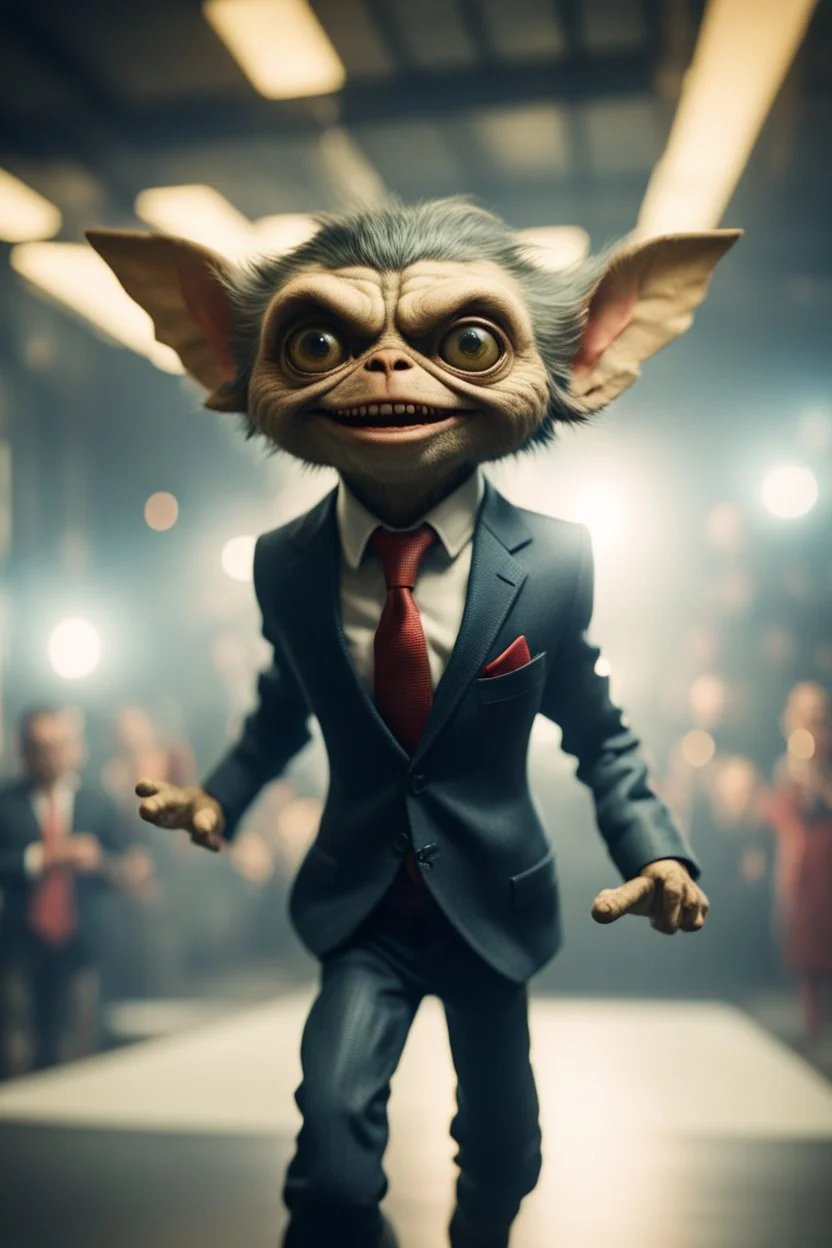 portrait of gremlin in suit flying in a birthday party in wind tunnel, in the style of a fallout 4,bokeh like f/0.8, tilt-shift lens 8k, high detail, smooth render, down-light, unreal engine, prize winning