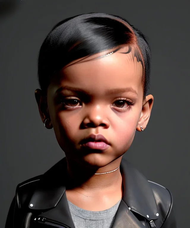 Rihanna toddler, full body, leather jacket, soft skin, dramatic lighting, hyper realistic