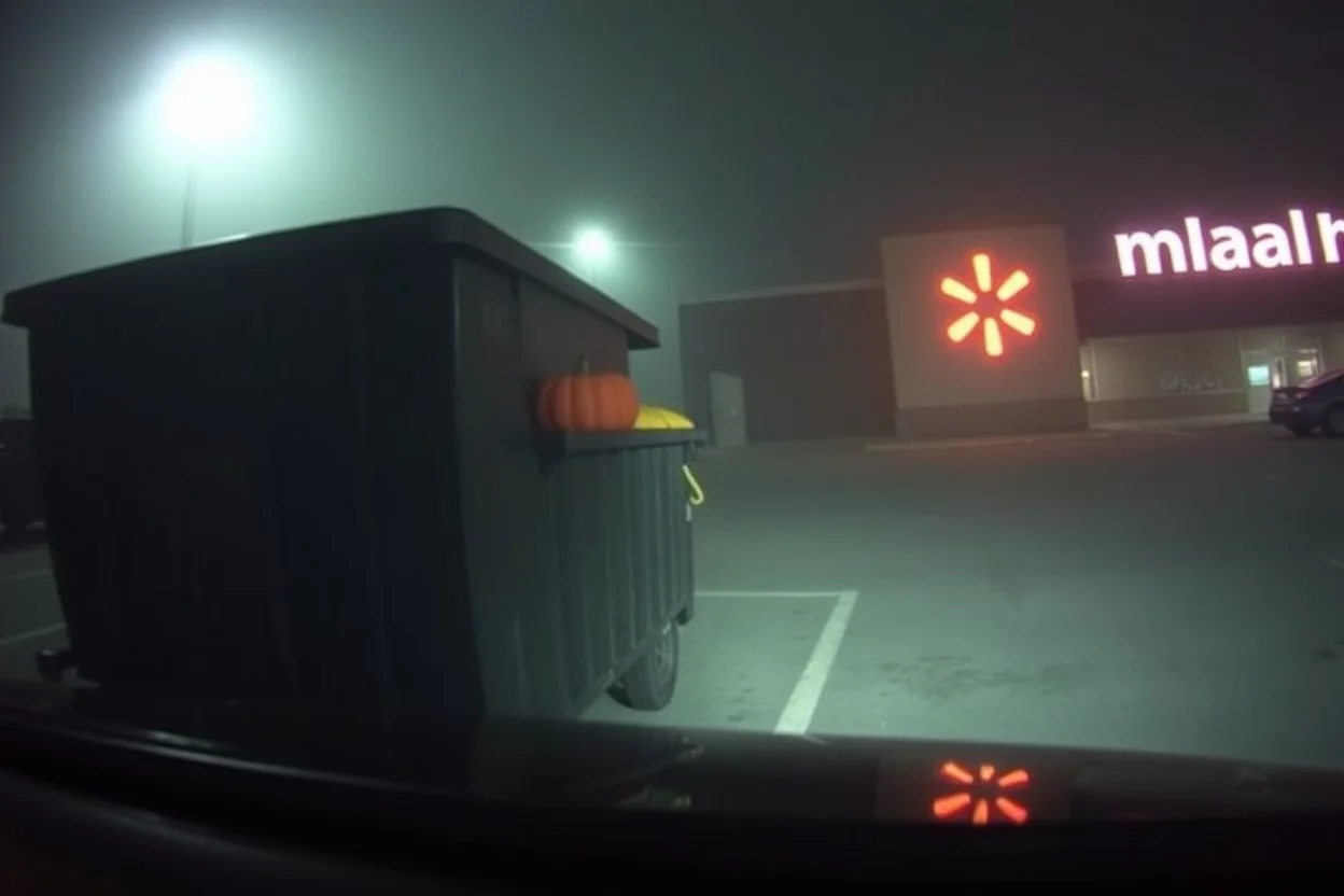 low-quality dashboard cam picture, high film grain, anthropomorphic fused centipede pumpkin hybrid hiding behind dumpster caught in headlights in a Wal-Mart parking lot in a foggy night, found footage horror, low contrast, night vision, static haze.