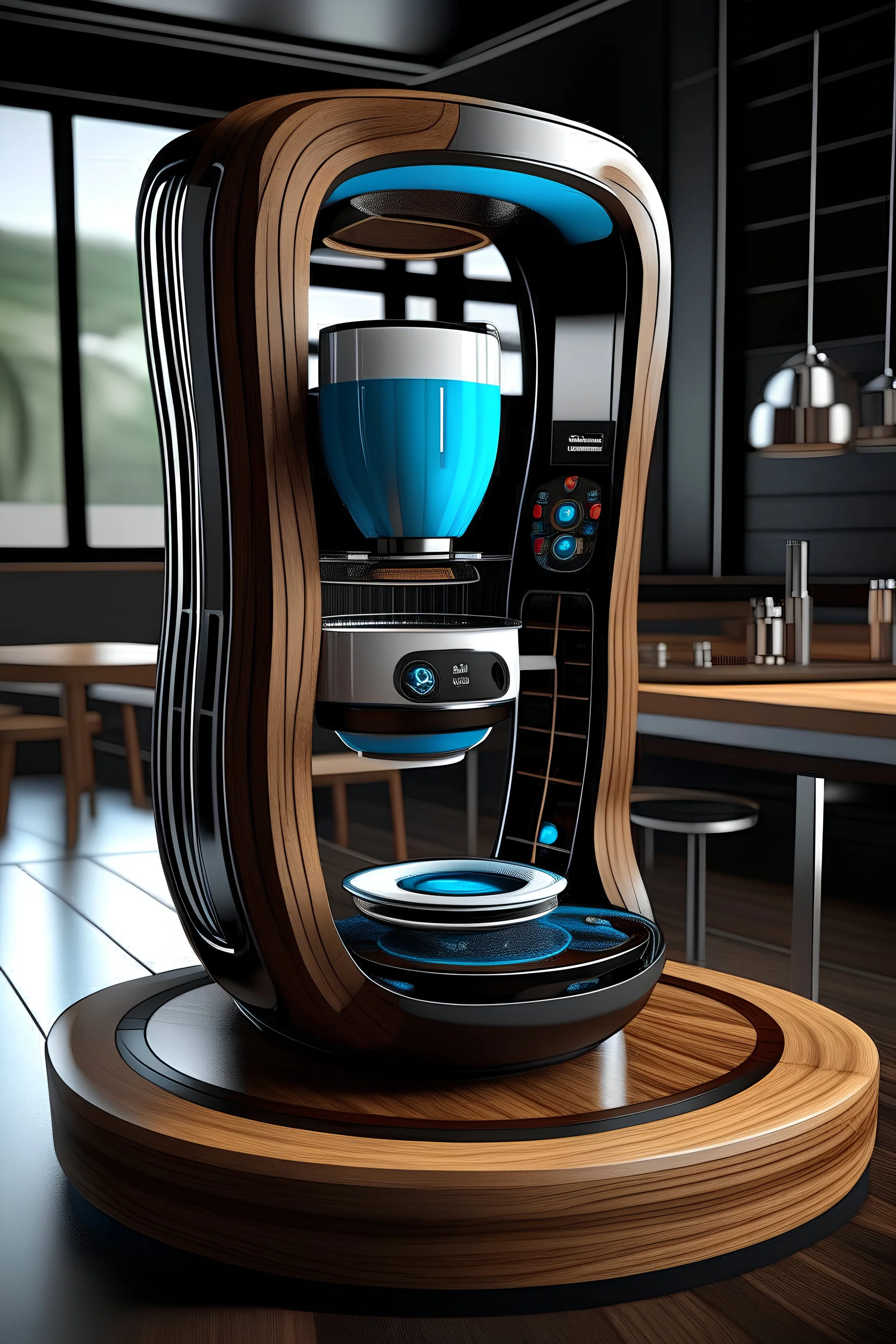 An ultra-advanced and futuristic home coffee maker with a touch screen and a curved shape inspired by bionic coffee beans and with a fun and different color palette made of wood and glass and The ability to grind coffee while brewing it