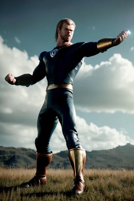 retro portrait image from 1960, sky background, wind, extra long blonde hair, fighting stance, young Chris Hemsworth, clean shave face, black dress, classic long tight lycra black suit, red cap, platinum lycra with scales on the arms, gold bracelet and belt, high boots, soft color, highly detailed, unreal engine 5, ray tracing, RTX, lumen lighting, ultra detail, volumetric lighting, 3d, finely drawn, high definition, high resolution.