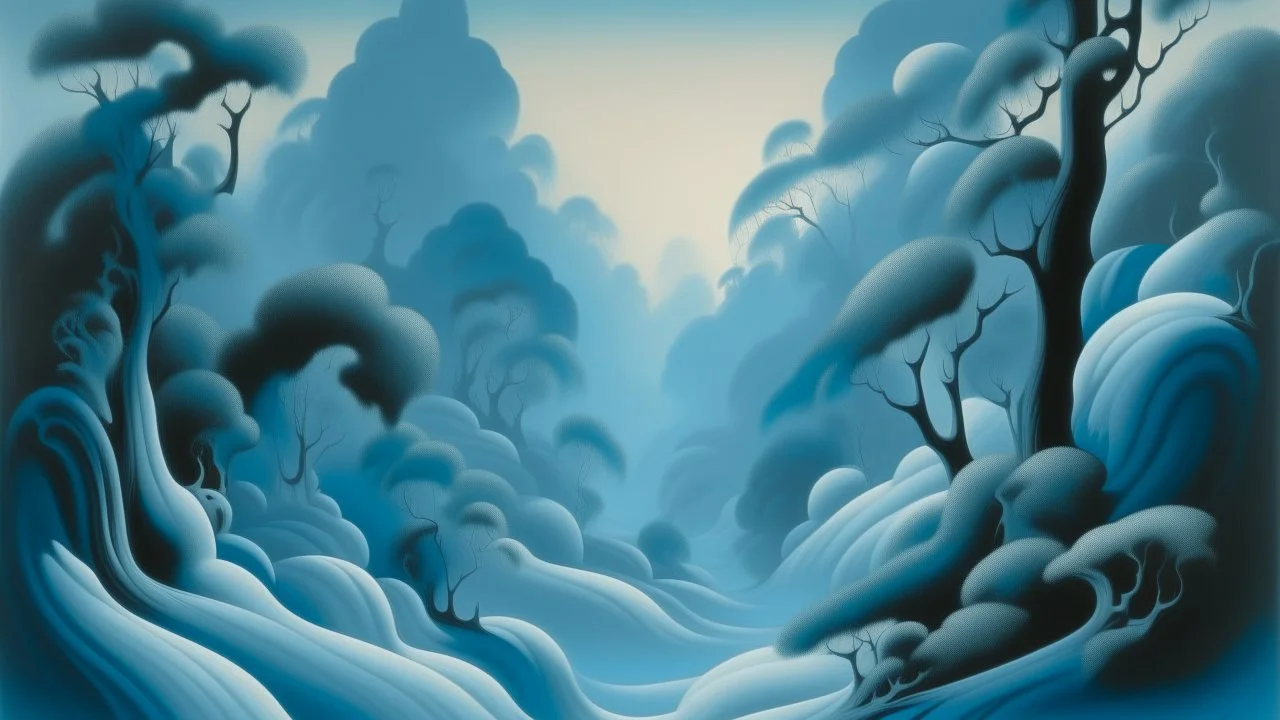 A cyan forest covered in thick fog painted by Thomas Hart Benton