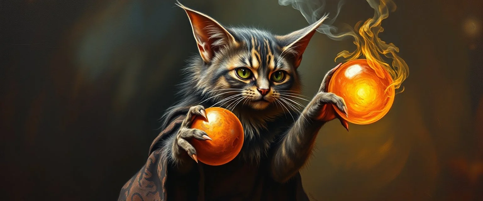 master oil painting by Rembrandt, good afternoon gremlin master elf cat bat paw woman hot smoking ball