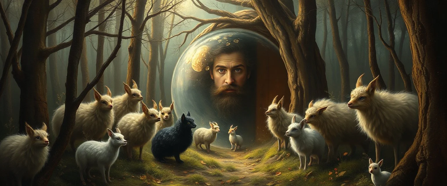 in the magical mirror forest we get a strange portrait and you enter the strangest bubble doorway to weird dimension and the aura of its heavenly fluffy elevated messed up woodland creatures flock painted by Nerdrum and Rembrandt