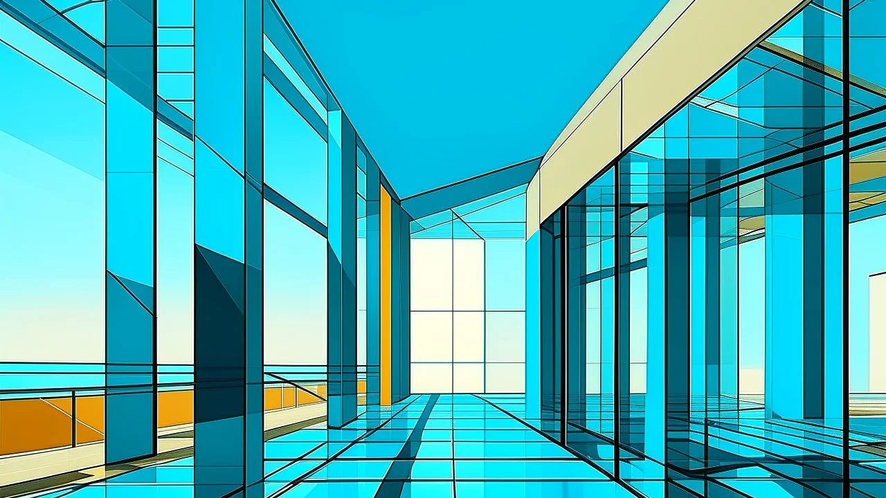 Abstracción arquitectónica inspirada en el futurismo y la ilustración conceptual, orden y proporción como protagonistas, vacío absoluto sin figuras humanas, sensación de eternidad, diagonales de sombras y techos que dirigen la mirada hacia el horizonte, repetición de marcos rectangulares que crea profundidad infinita, colores simbólicos, azul cian frío para el espacio y ocre cálido para la estructura, sombras exageradas, perspectiva dominante, influencia de de Chirico.