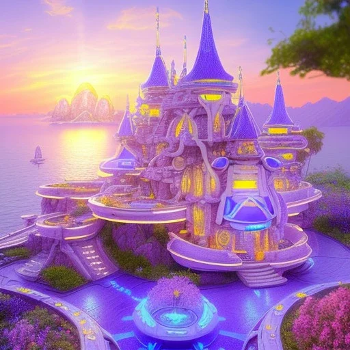 landscape of summer tropical ambient beutiful castle white gold and neon lights bright and colorful bright gloss effect of a futuristic house,like spaceship, natural round shapes concept, large transparent view of the open outdoor garden,sea beach at sunset, gold crystals,with light pink, flowers of Lotus, beutiful pools, light of sun , palmiers,cerisiers en fleurs, wisteria, sun , stars, small waterfalls